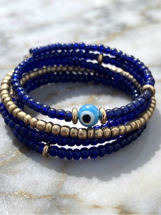Artisan Jewelry - Artisan Blue Glass Beaded Coil Bracelet with Gold Accents and Evil Eye